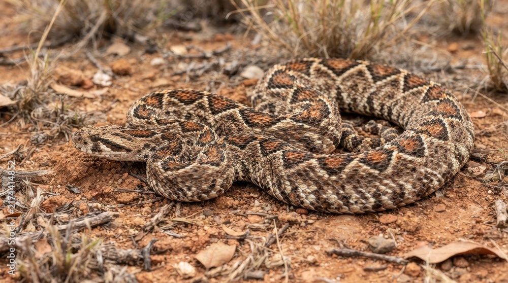 Obraz premium Rattlesnake on the Desert Floor: A coiled rattlesnake with its distinctive diamond pattern scales rests on dry, sandy ground in a arid landscape, showcasing its camouflage and primal beauty.