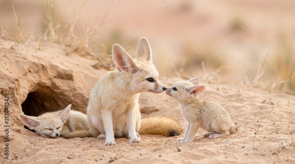 Naklejka premium Fennec Fox Family Moment: A tender moment unfolds as a fennec fox gently nuzzles its young in the arid desert landscape, with another pup resting nearby.