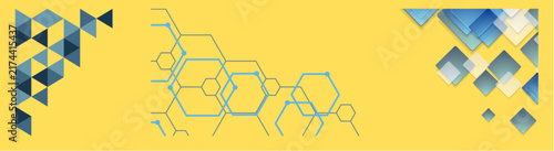 Abstract geometric blue shapes and hexagonal patterns on a yellow background design element.