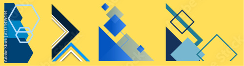 Abstract geometric corner design elements with blue shapes on a yellow background.