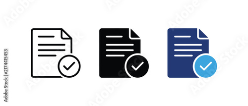 File verified check mark icon, document approval acceptance symbol, paper agreement compliance sign, completed task confirmation graphic. Vector illustration