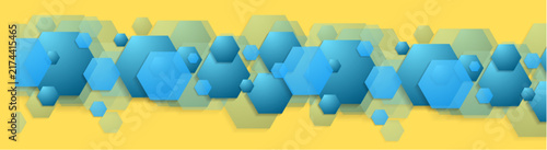 Blue hexagonal shapes and spheres on a yellow background for abstract design