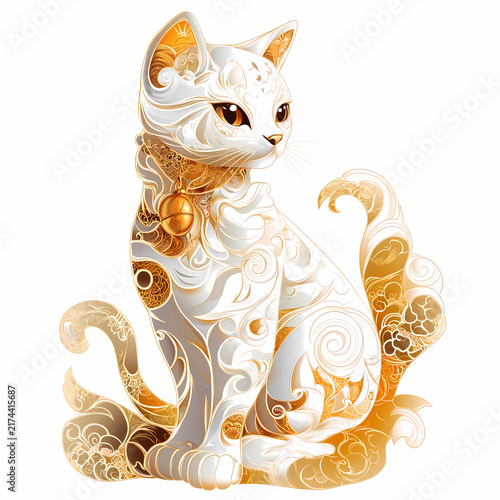 Ornate Golden Cat with Bell, Intricate Design