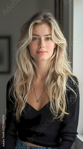 Woman with Long Blonde Hair Smiling in Fashion Studio