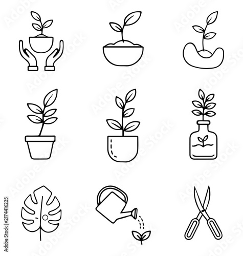 Plant Care and Gardening Icon Set with Potted Plants