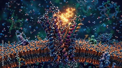 Stem cell membrane receptor protein, transmembrane lipid bilayer structure, ligand molecule binding mechanism, cellular signaling pathway, biotechnology research demonstrating regeneration process.