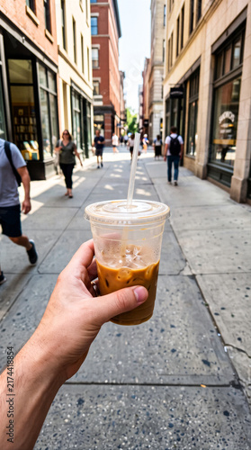 Hand holding iced coffee walking down a sunny urban city street with blurred pedestrians