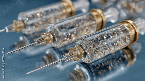 Syringes with needles rest on a teal surface displaying clear barrels and golden fittings antibiotics antiviral biotechnology clinical diagnostic disposable