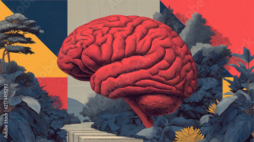 A detailed human brain illustration is surrounded by lush foliage and geometric shapes creating a surreal landscape cerebrum cortex neuroscience