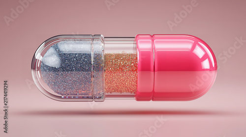 A translucent capsule containing granular powders featuring a pink shell and silver blue granules gelatin pharmaceutical medicine pill supplement vitamins