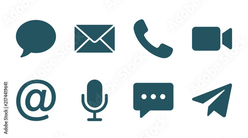 Communication and contact vector icons set featuring speech bubble email envelope telephone receiver video camera at sign microphone chatting box and paper airplane send message