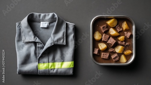 Industrial Shift Worker Meal With Reflective Workwear and Beef Stew