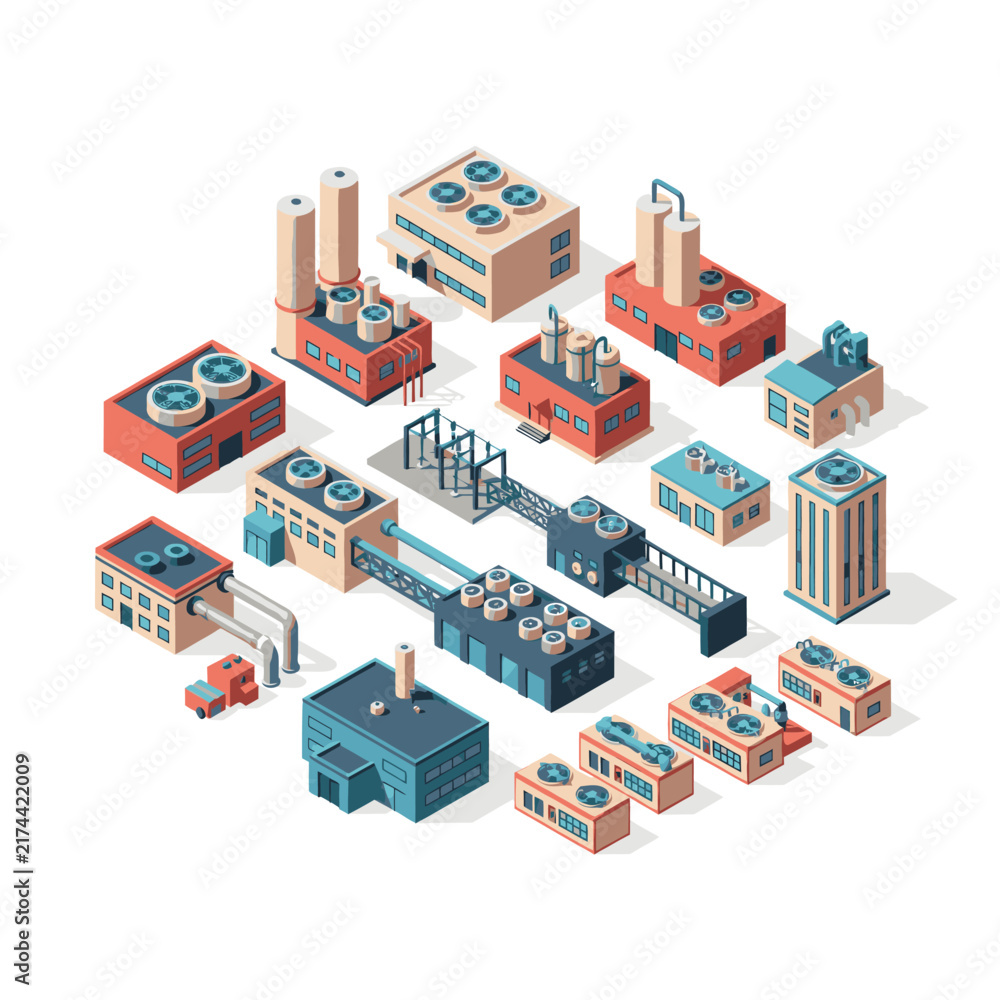 Fototapeta premium Isometric Industrial Factory Buildings and Equipment Layout.