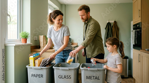 Family sorting household waste into separate recycling bins in a modern kitchen at home