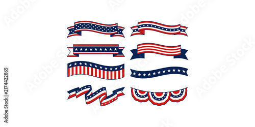 Obraz na płótnie Patriotic american flag ribbon and banner set with stars and stripes for independence day celebration event design