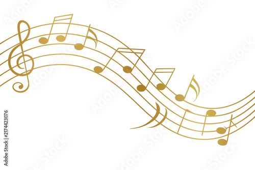 Fotografía Golden musical notes flowing across elegant curved staff lines on a light background