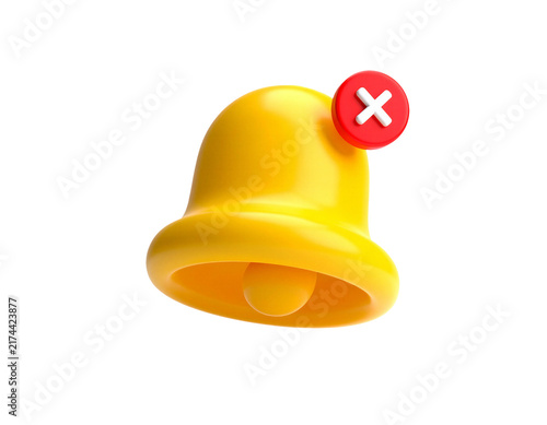3D Yellow Notification Bell with Red Cross Icon for Disabled Alerts Mute Silent Notifications and App Settings on isolated background