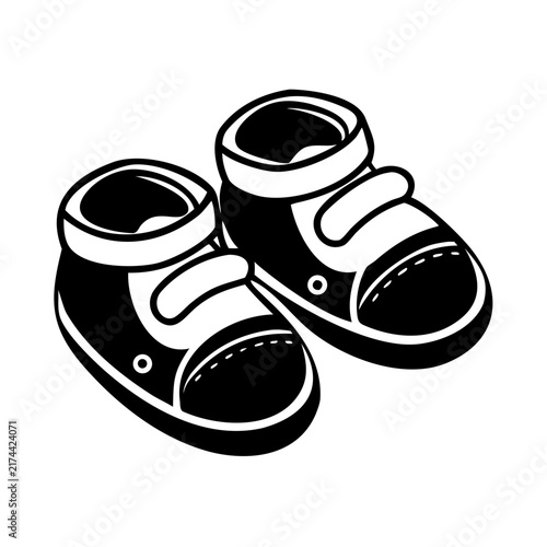 Black white booties icon featuring velcro infant sneaker graphic, newborn footwear sign, toddler shoes symbol, prewalker shoes graphic, and baby shower clip art for nursery design