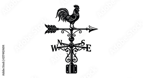 Bild auf Leinwand Black silhouette of a rooster weathervane with cardinal directionals on white
