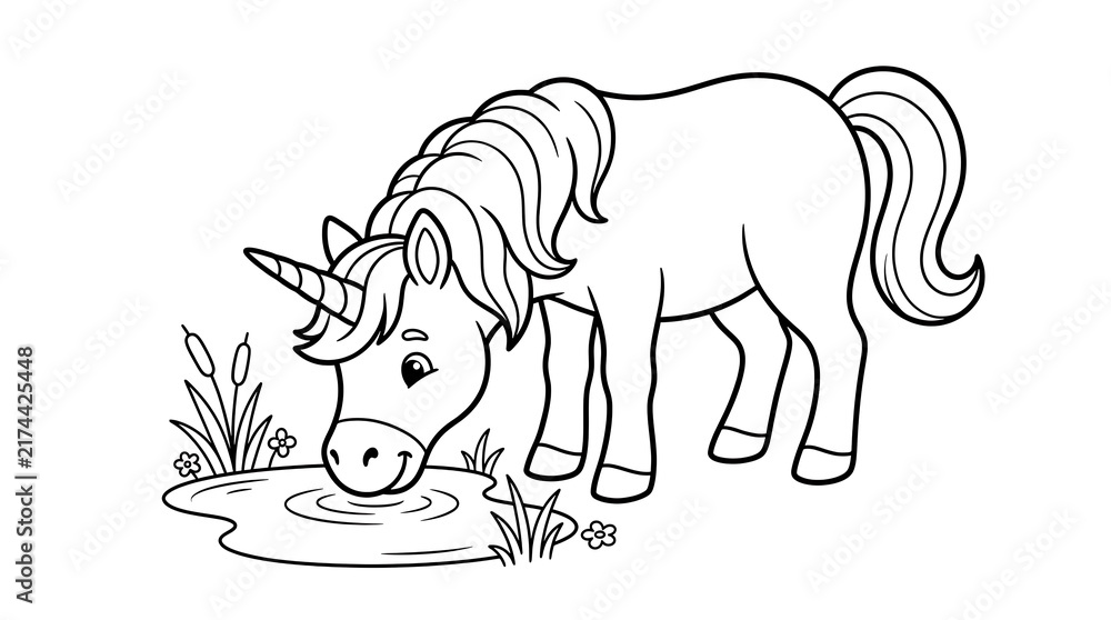 Obraz premium Black and white line art illustration of a cute unicorn drinking water from a small forest pond