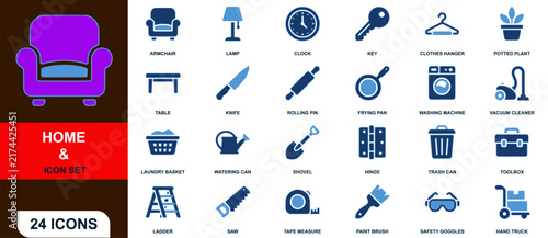 Home interior furniture and household tools vector icon set