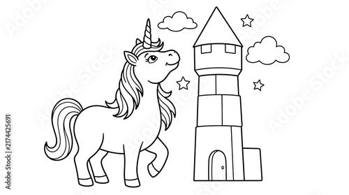 A cute unicorn standing next to a fantasy castle tower for children to color as a fun activity