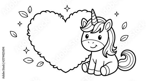 Cute cartoon unicorn sitting next to a large fluffy heart shape for kids coloring page activity