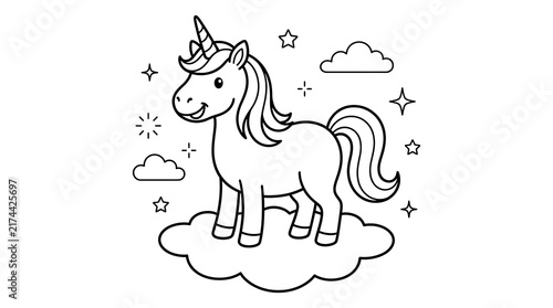 Cute unicorn standing on a fluffy cloud surrounded by stars and small clouds for children coloring book page