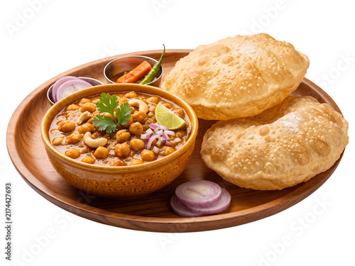 Indian chole bhature meal with chickpea curry and fried bread on wooden tray chole bhature, indian food, indian cuisine, chickpea curry, chana masala, bhatura, fried bread, puri, poori, vegetarian, ve