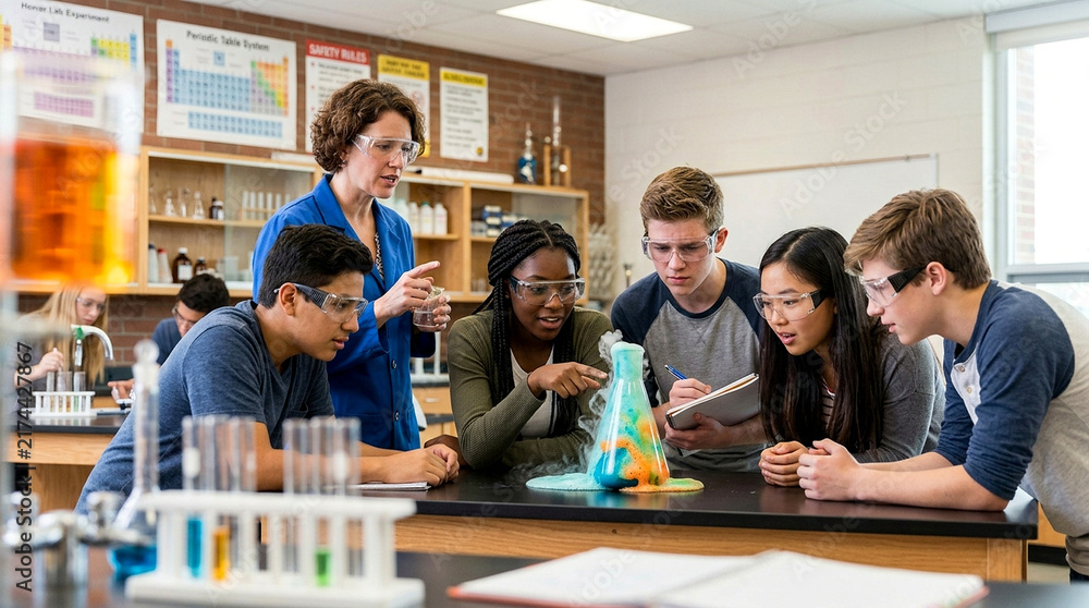 Fototapeta premium Teacher and diverse high school students performing a chemistry experiment in a science classroom