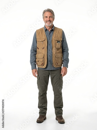 Full length portrait of a mature man wearing a utility vest isolated on white background