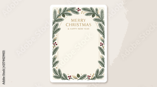 Festive Christmas Card with Greenery: A warm and inviting Christmas card design, featuring a decorative border of green pine branches and red berries.