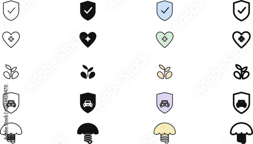 Comprehensive UI Icon Set Featuring Multiple Style Variations for Web and Mobile Applications, Illustrating Concepts of Security, Health, Growth, and Protection in a Modern Vector Design