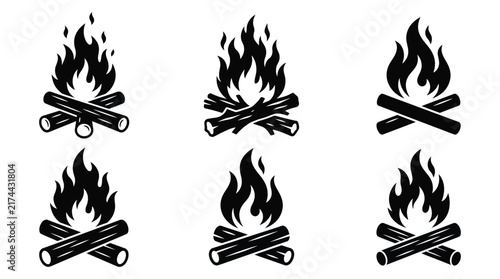 Foto Collection of campfire silhouettes with crossed logs and flames silhouette