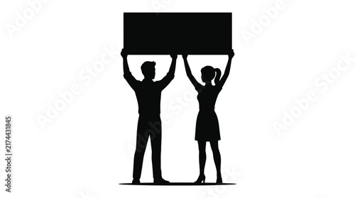 Foto Couple holding blank banner aloft black silhouette