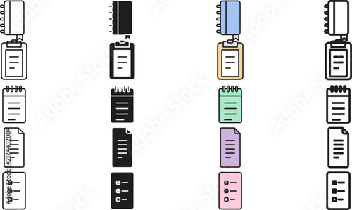 Set of Various Note and Document Icons Featuring Notebooks and Checklists in Different Styles
