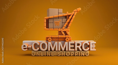 E-commerce and Online Shopping Cart: A vibrant 3D render showcases a stylized shopping cart brimming with parcels, perched atop the bold lettering of E-COMMERCE and ONLINE SHOPPING against a warm.