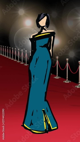 Animation of first place award trophy at floodlit red carpet winners prize giving ceremony