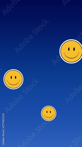 Digital animation of multiple smiling face emojis floating against blue gradient background