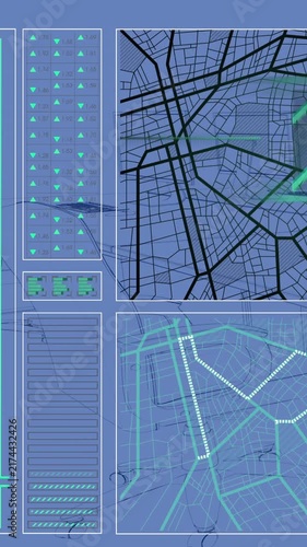 Vertical video: Monitors lighting, HUD animating beams sweeping and route moving for live tracking