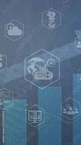 Animation of icons in hexagons over arrow and bar graph against abstract background