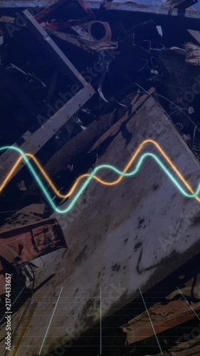 Animation of financial data processing and statistics over machinery in wasteland
