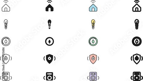 Smart home technology icon set featuring house, lightbulb, compass, security shield, and speaker in minimal solid and soft color flat vector styles