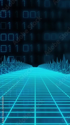 Animation of 3d model of grid pattern forming mountain over binary codes against black background