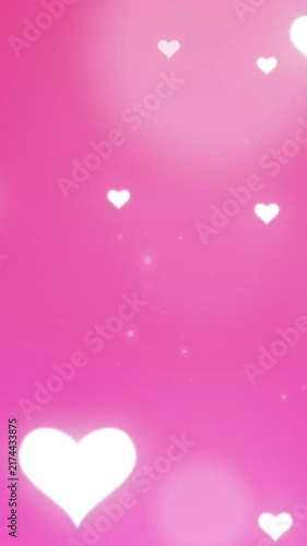 Animation of illuminated white heart shapes falling on pink background