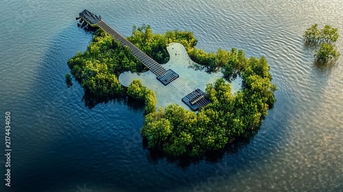 Nestled in serene waters, a guitar-shaped island captivates with lush greenery. This enchanting spot invites exploration and relaxation under a clear sky on a peaceful day