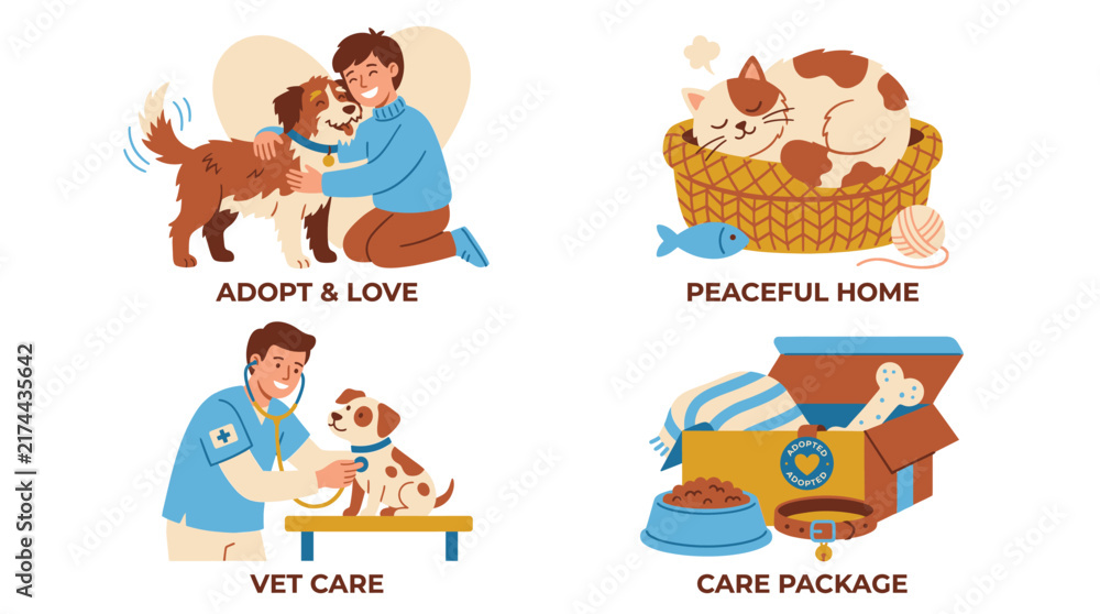 Fototapeta premium Adoption Pet Dog Rescue Veterinary Care Puppy Shelter Animal Clinic Examine Home Domestic Kindness Vector Illustration