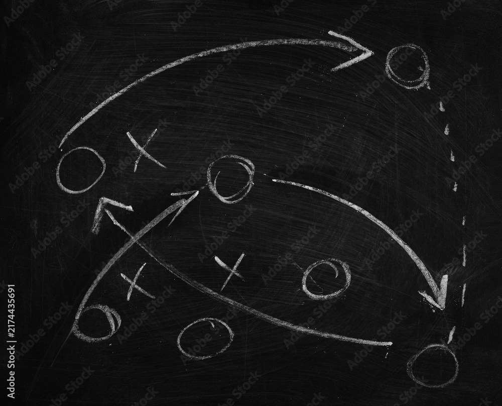 Fototapeta premium Hand draw tactic american football, game strategy on chalkboard, blackboard, design element