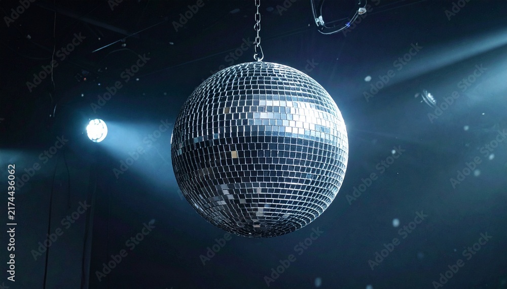 Obraz premium Rotating Silver Disco Ball with Blue Stage Lights and Sparkling Reflections