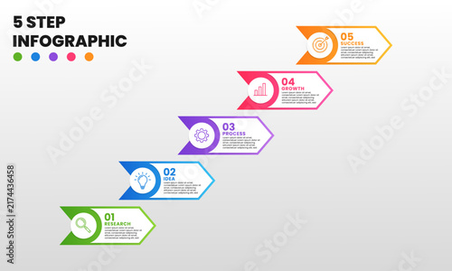 Modern 5 step ascending infographic template showing business growth and progression with colorful icons. Ideal for workflow, strategy, roadmap, planning, and presentations.